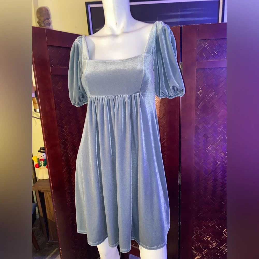 Coquette charming periwinkle velvet puff sleeve babydoll dress garden ballerina - Picture 5 of 8